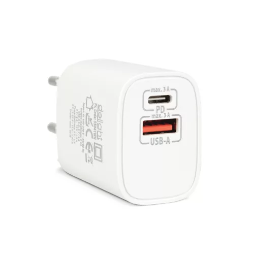Hálózati Adapter USB + Type-C PD20W gyorstöltéssel - fehér