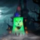 Halloween-i LED dekor - szellem - zöld - 10 színes LED - akasztható - 2 x 2032 - 75 x 35 cm