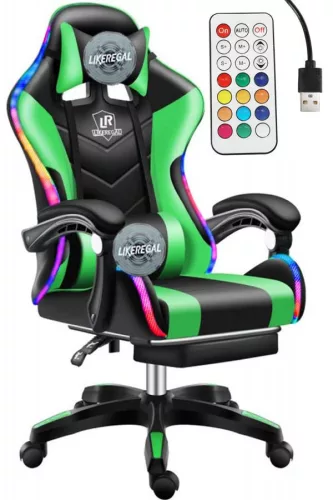 Likeregal 920 LED gamer szék lábtartóval zöld masszázs funkcióval