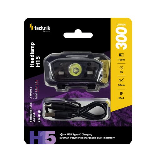 Technik Fejlámpa H15 (akkumulátoros) XTE LED + USB Type-C (300 lumen)