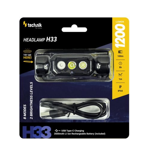 Technik Fejlámpa H33 (+1x18650) SST20 LED + USB-C (1200 lumen)