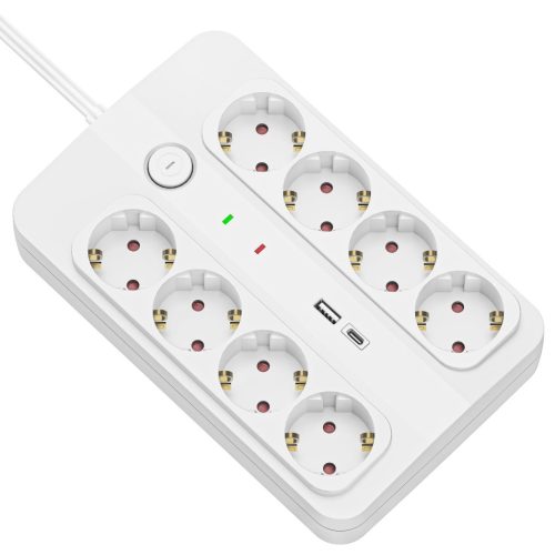 Technik Professional Elosztó 8 utas 1,5m 1,5mm2 +USB-A-C +surge +kapcsoló 16A